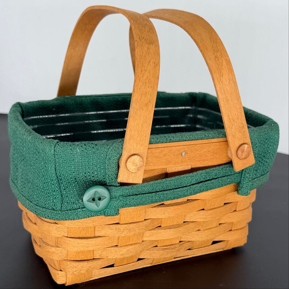 2003 Longaberger JW Miniature Market Basket Green Fabric Liner Plastic Protector